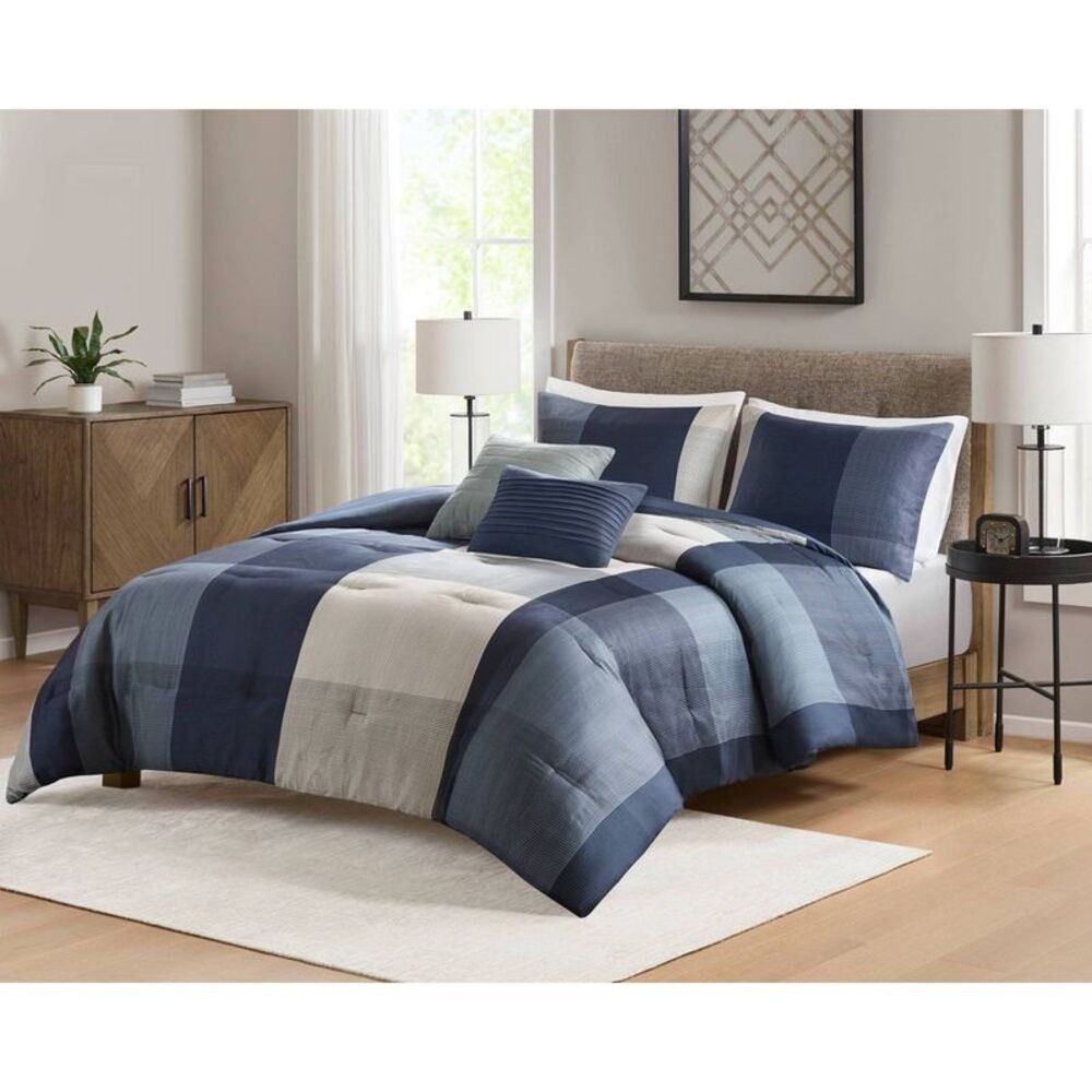No Brand - 5pc King Plaid Bedding Set Blue Blue
